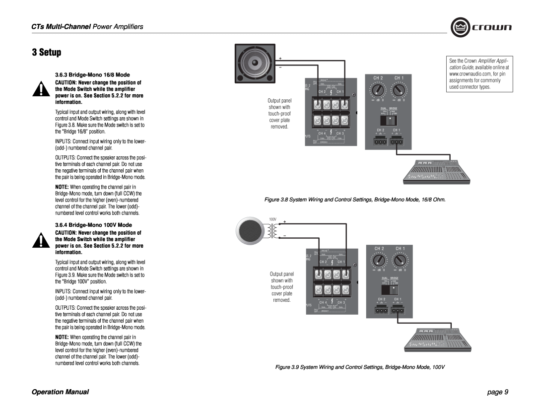 Crown Audio CTs 4200 3Setup, CTs Multi-Channel Power Amplifiers, page, 3.6.3Bridge-Mono16/8 Mode, Bridge-Mono100V Mode 