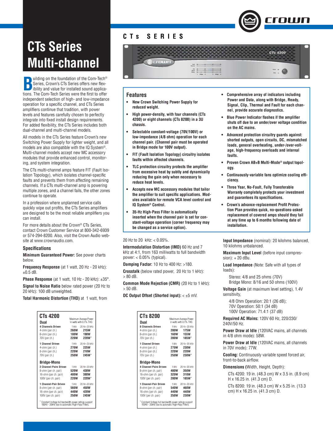 Crown Audio CTs Series specifications Speciﬁcations, Maximum Input Level before input compres- sion + 20 dBu 