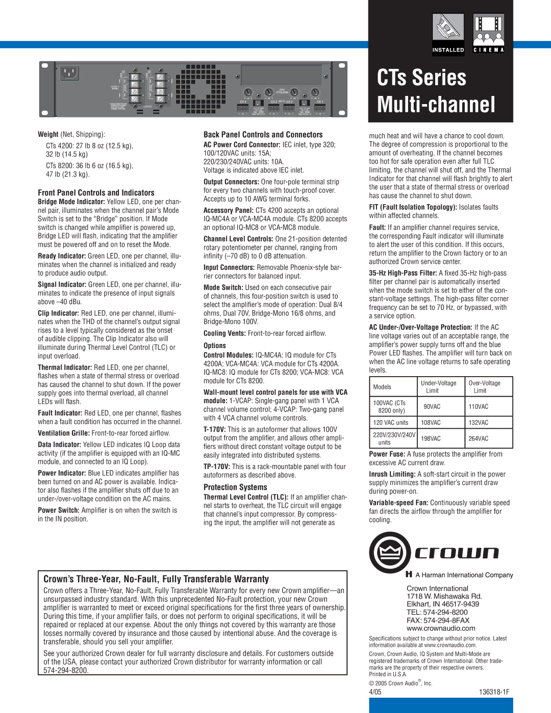 Crown Audio CTs Series Front Panel Controls and Indicators, Back Panel Controls and Connectors, Protection Systems 