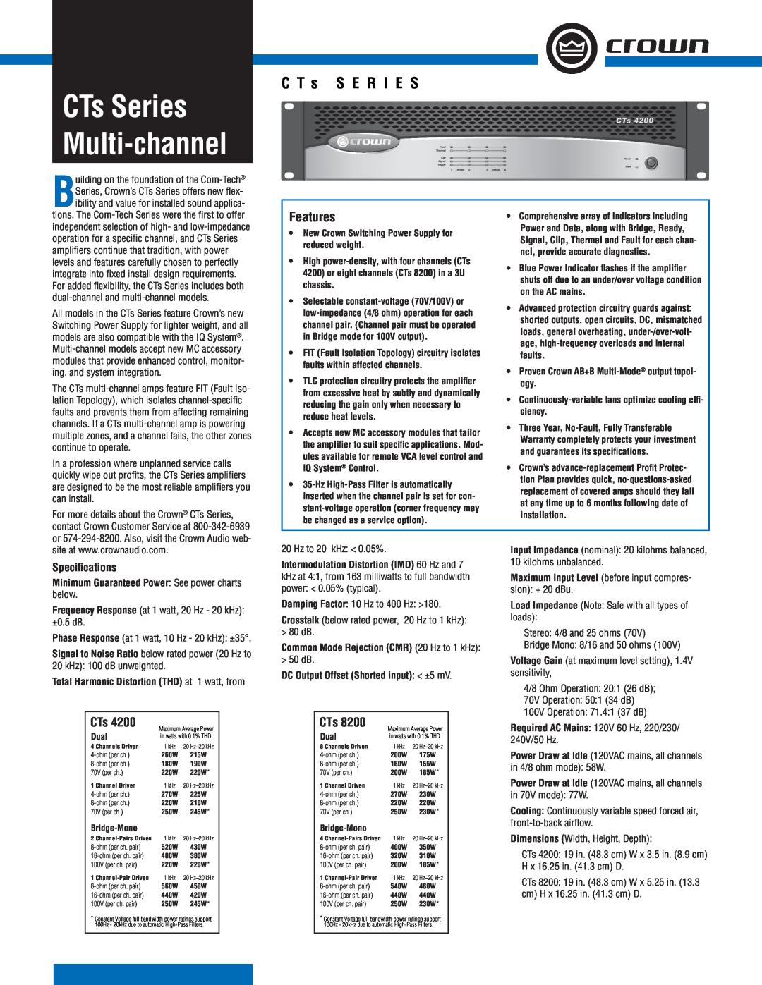 Crown Audio specifications CTs Series Multi-channel, Features, Speciﬁcations, C T s S E R I E S 