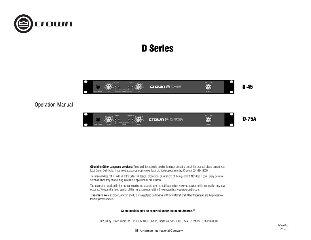 Crown Audio D-45, D-75A operation manual Some models may be exported under the name Amcron 