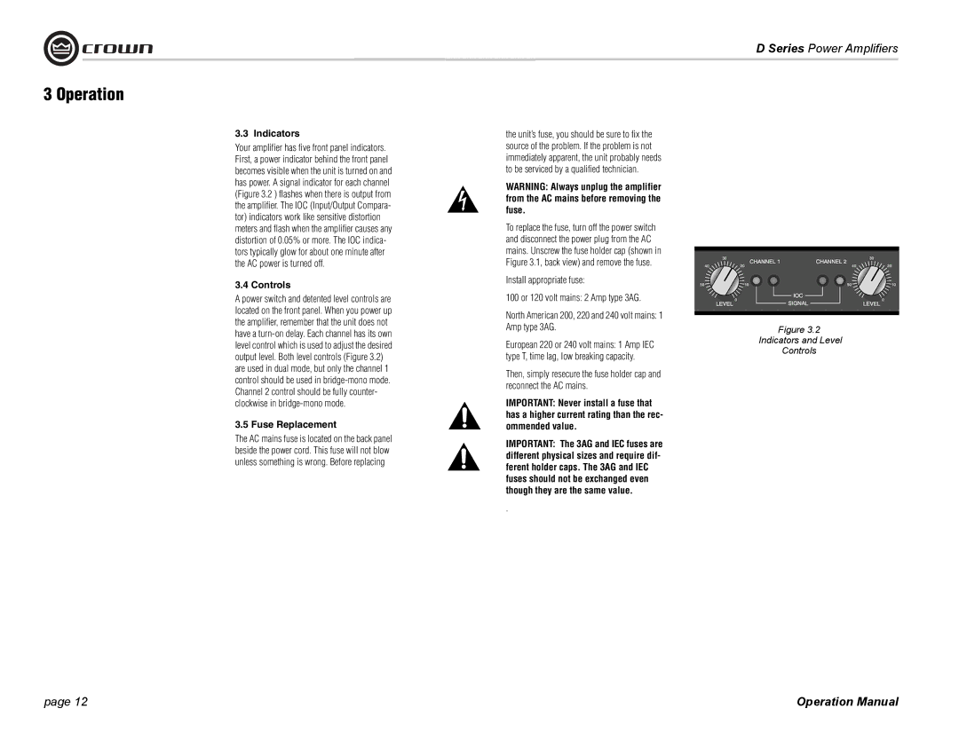 Crown Audio D-75A, D-45 operation manual Indicators, Controls, Fuse Replacement 