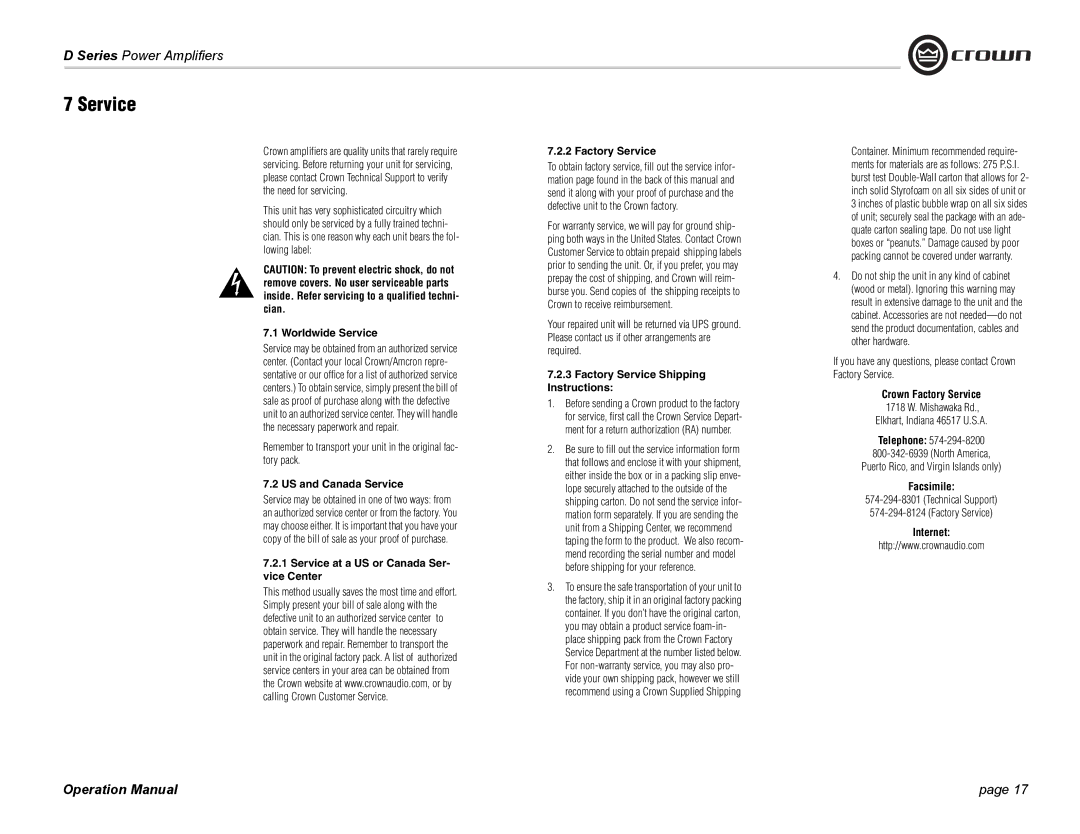 Crown Audio D-45, D-75A operation manual Service 