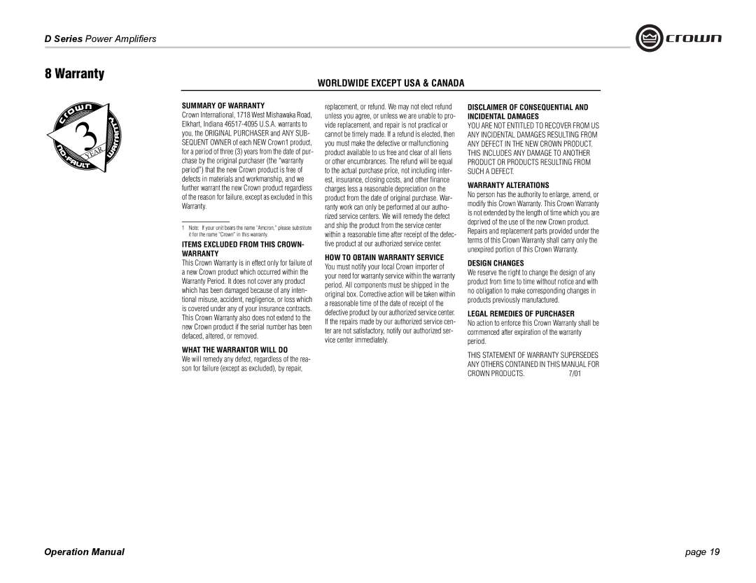 Crown Audio D-45, D-75A operation manual Worldwide Except USA & Canada, Items Excluded from this CROWN- Warranty 