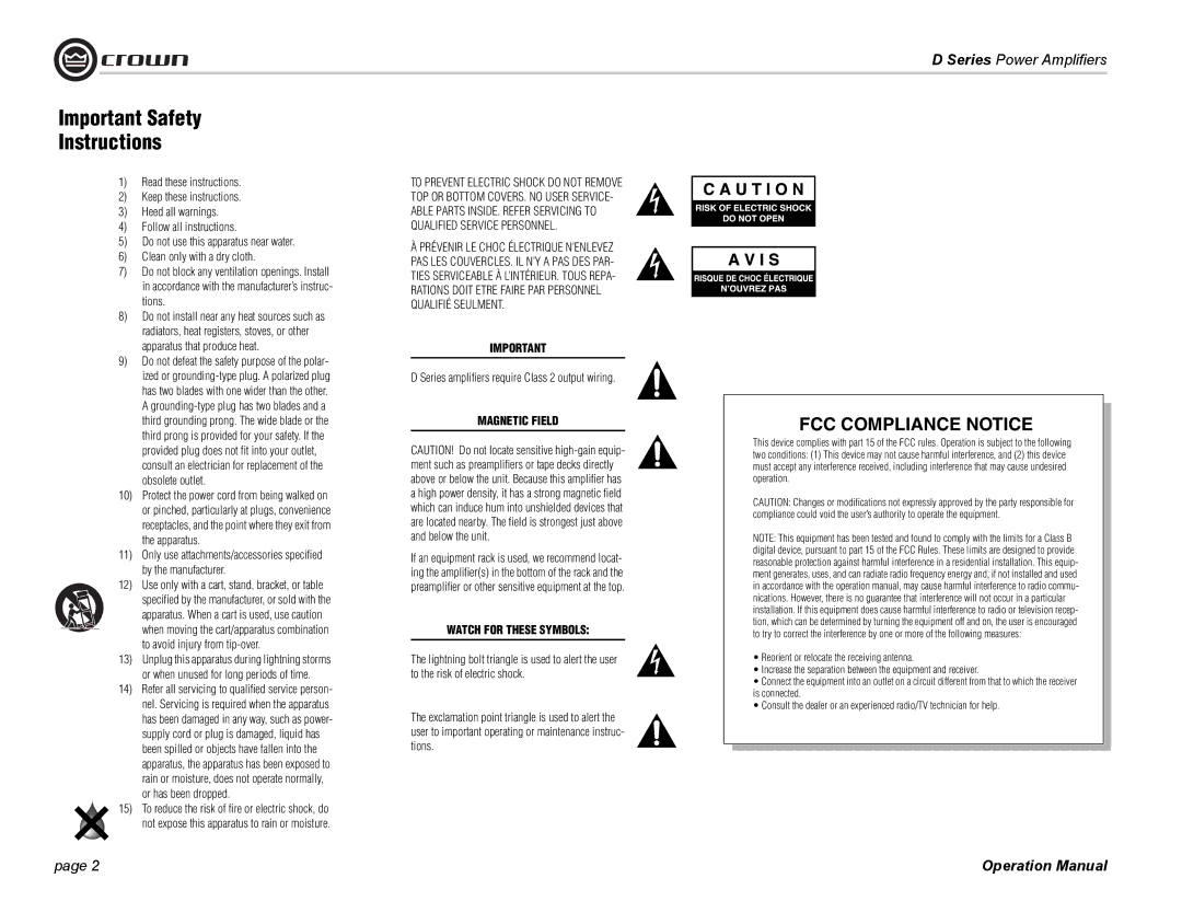 Crown Audio D-75A, D-45 Important Safety Instructions, Use only with a cart, stand, bracket, or table, Magnetic Field 