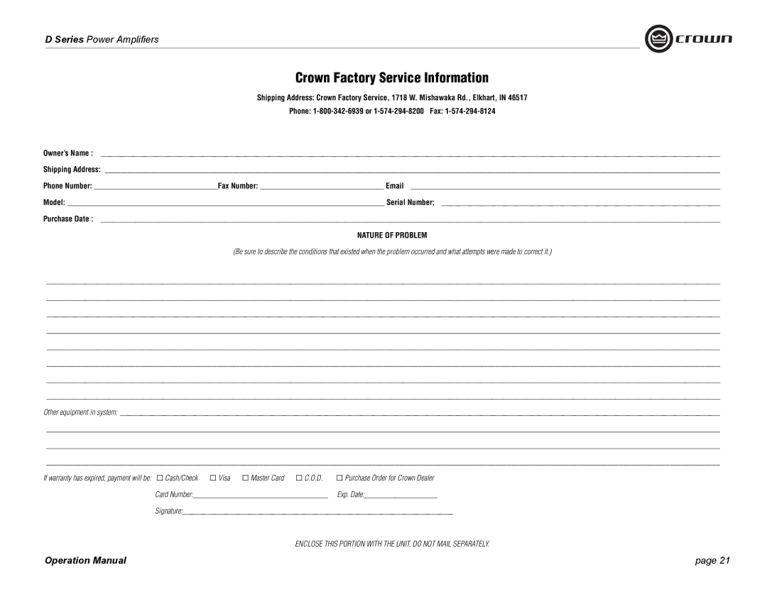 Crown Audio D-45, D-75A operation manual Crown Factory Service Information, Nature of Problem 