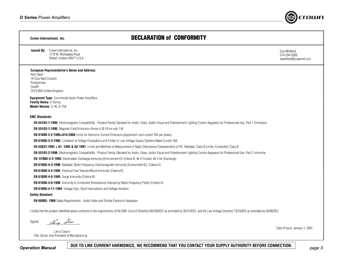 Crown Audio D-45, D-75A Declaration of Conformity, Crown International, Inc, European Representative’s Name and Address 