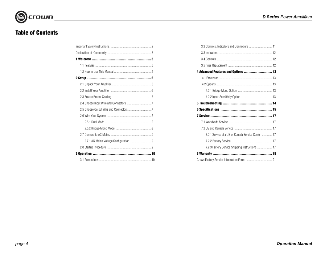 Crown Audio D-75A, D-45 operation manual Table of Contents 