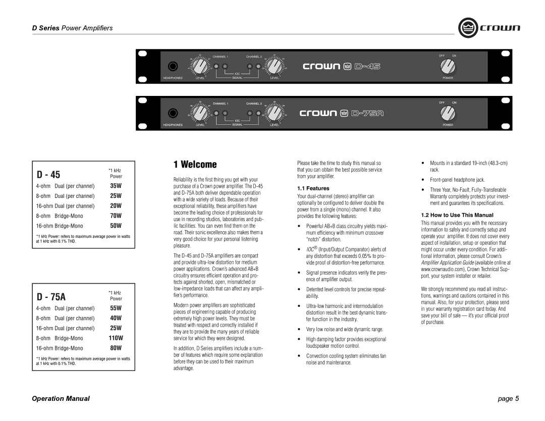 Crown Audio D-45, D-75A Welcome, Features, Detented level controls for precise repeat- ability, How to Use This Manual 