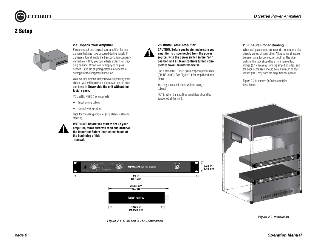 Crown Audio D-75A, D-45 operation manual Setup, Unpack Your Amplifier Install Your Amplifier, Manual 