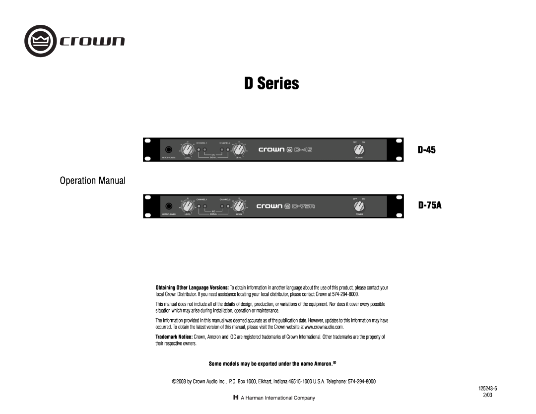 Crown Audio operation manual D-45 D-75A, Some models may be exported under the name Amcron, D Series 
