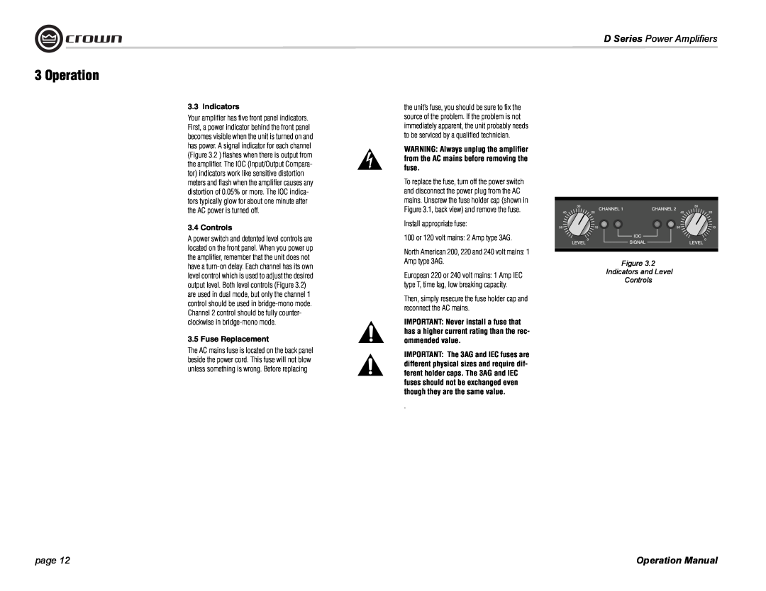 Crown Audio D-75A, D-45 operation manual Indicators, Controls, Fuse Replacement, Operation, D Series Power Amplifiers, page 