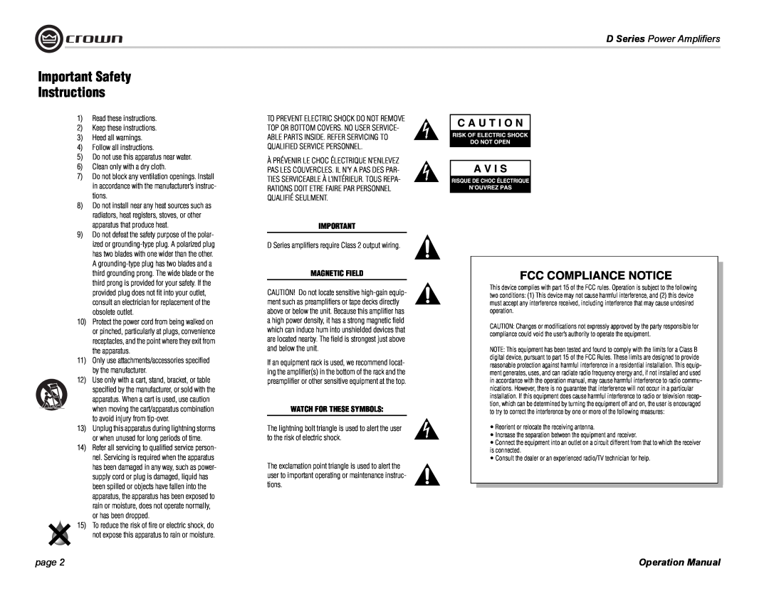 Crown Audio D-75A Important Safety Instructions, D Series Power Amplifiers, page, Magnetic Field, Watch For These Symbols 