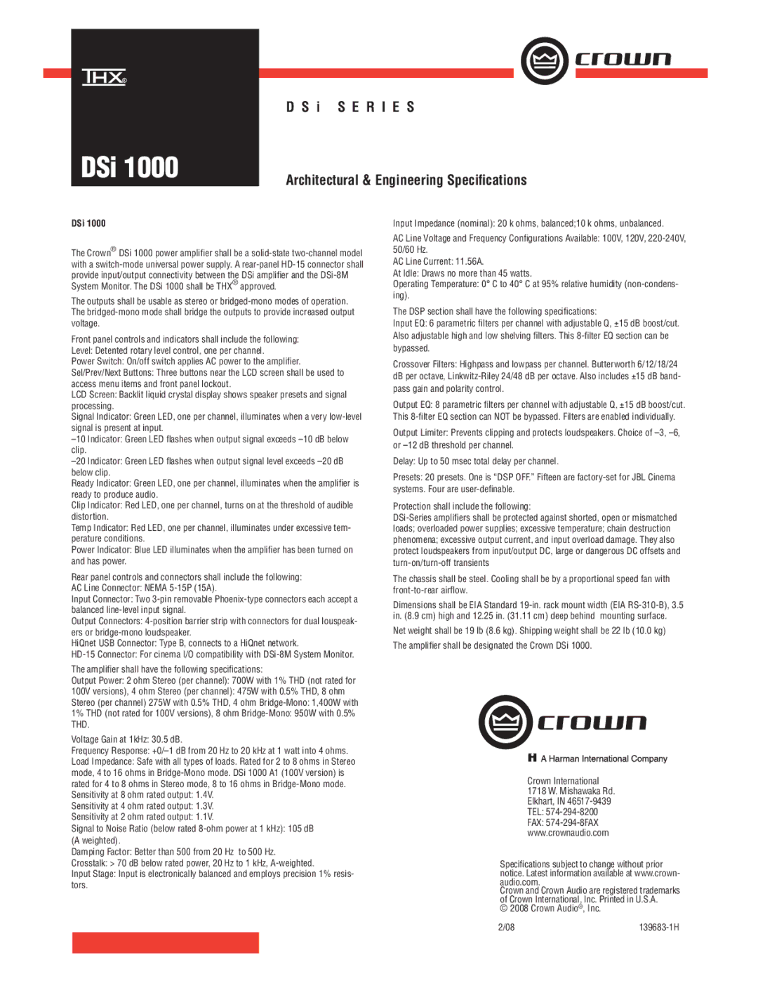 Crown Audio DSi 1000 specifications I S E R I E S Architectural & Engineering Speciﬁcations 