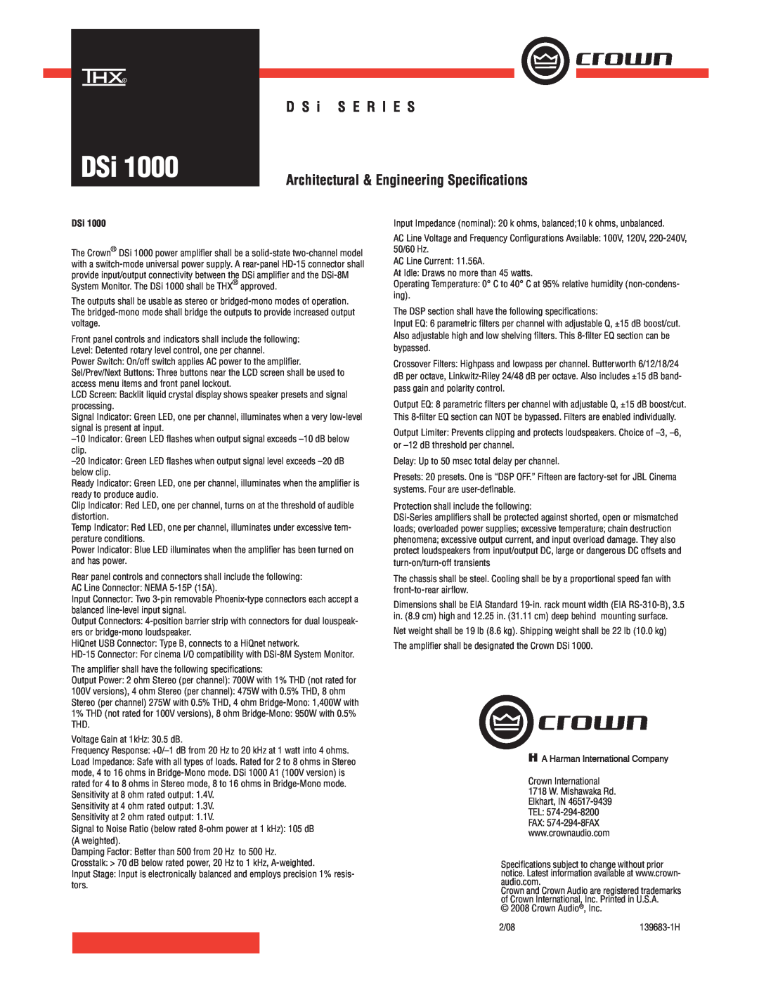 Crown Audio DSi 1000 specifications D S i S E R I E S, Architectural & Engineering Speciﬁcations 