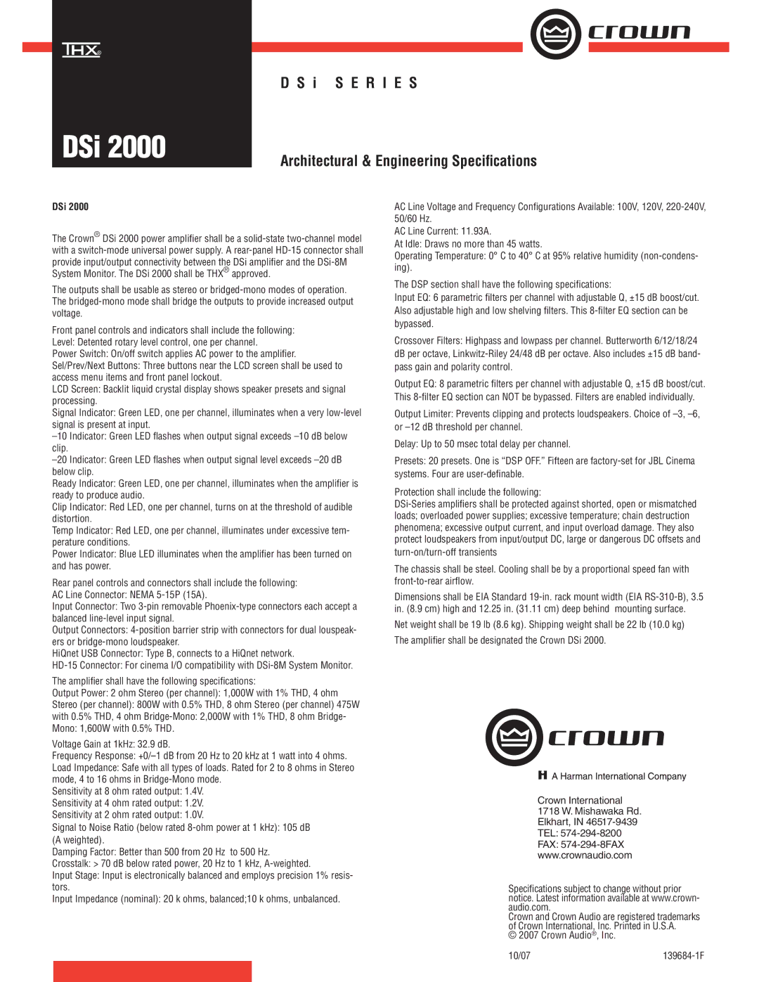 Crown Audio DSi 2000 specifications I S E R I E S Architectural & Engineering Speciﬁcations 