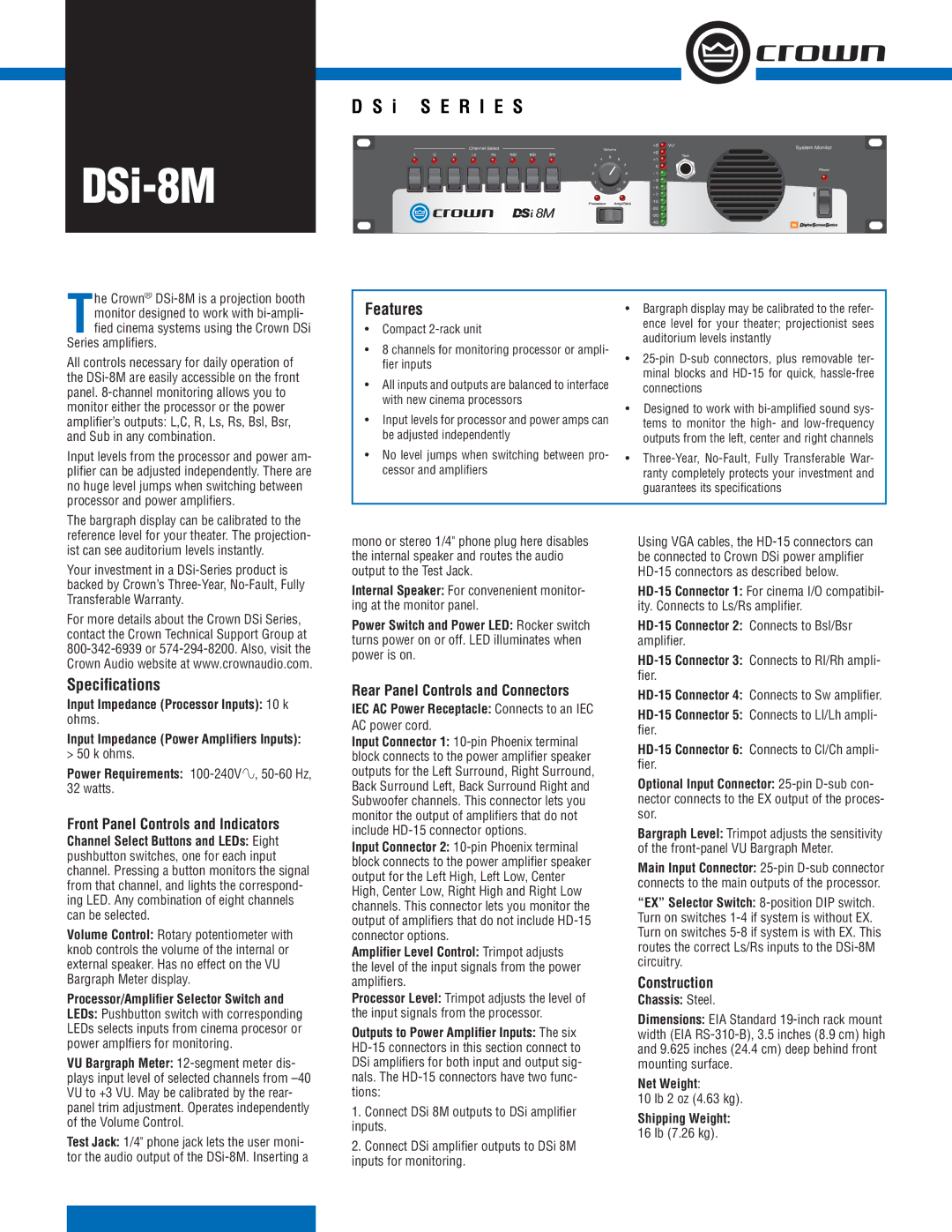 Crown Audio DSi-8M specifications Features, Speciﬁcations, Front Panel Controls and Indicators, Construction 