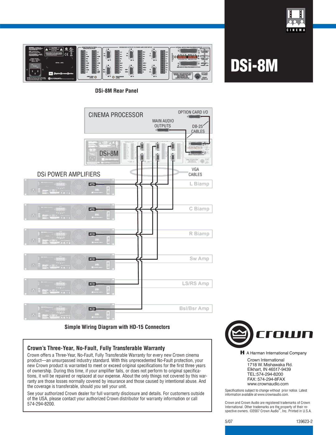 Crown Audio specifications Crown’s Three-Year, No-Fault, Fully Transferable Warranty, DSi-8M Rear Panel 