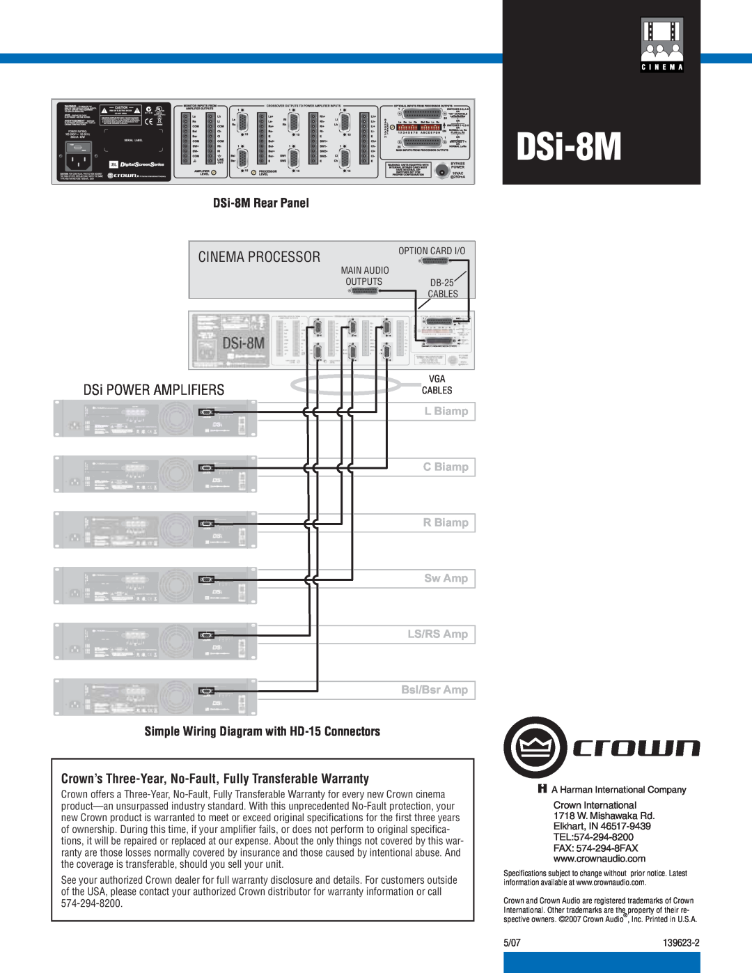 Crown Audio DSi-8MRear Panel, Simple Wiring Diagram with HD-15Connectors, Cinema Processor, DSi POWER AMPLIFIERS 