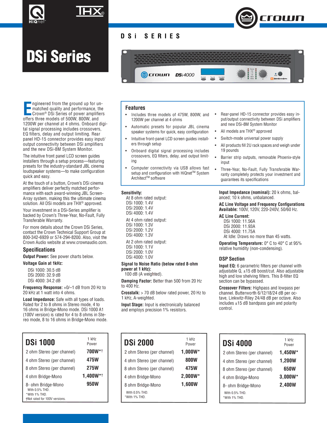 Crown Audio DSi Series specifications Features, Speciﬁcations 