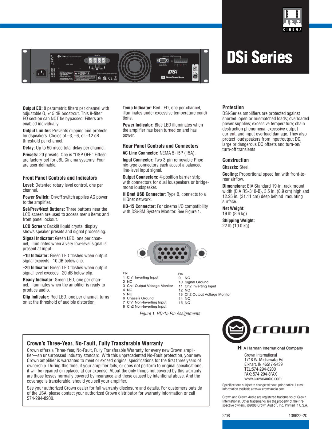 Crown Audio DSi Series Crown’s Three-Year, No-Fault, Fully Transferable Warranty, Front Panel Controls and Indicators 