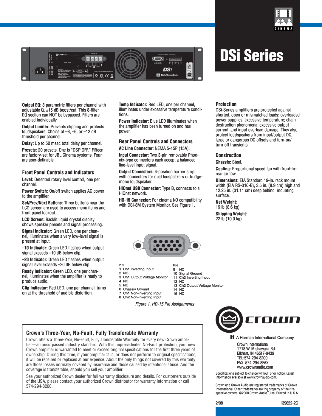 Crown Audio DSi Series Front Panel Controls and Indicators, Rear Panel Controls and Connectors, Protection, Construction 