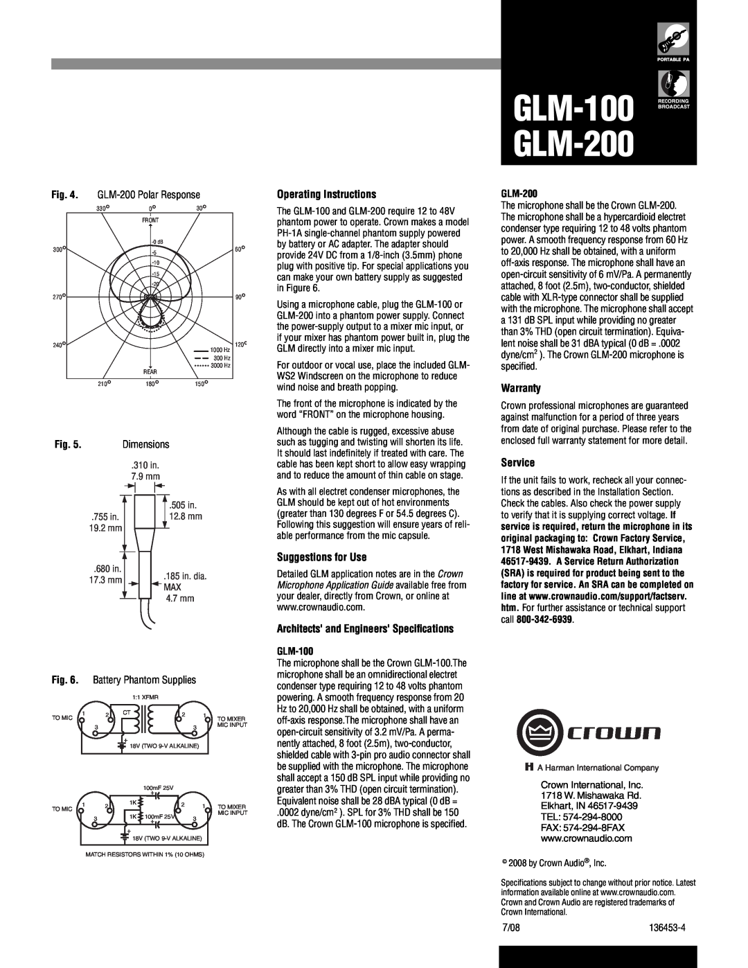 Crown Audio GLM-200 Operating Instructions, Suggestions for Use, Architects and Engineers Speciﬁcations, Warranty, Service 