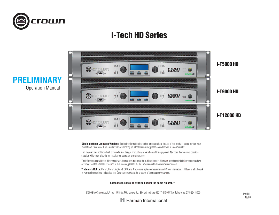 Crown Audio IT9000 HD operation manual T5000 HD, T9000 HD T12000 HD, Some models may be exported under the name Amcron 