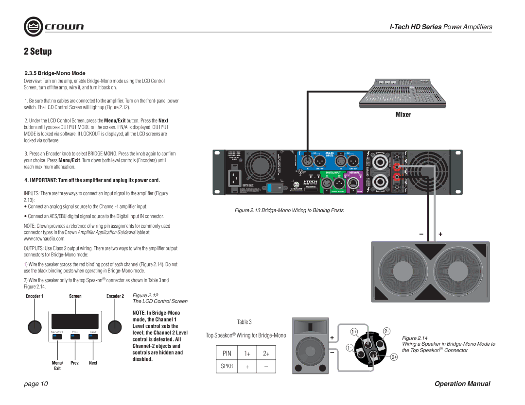 Crown Audio I-T12000 HD, I-T5000 HD, IT9000 HD, I-T9000 HD operation manual Bridge-Mono Mode, Disabled 