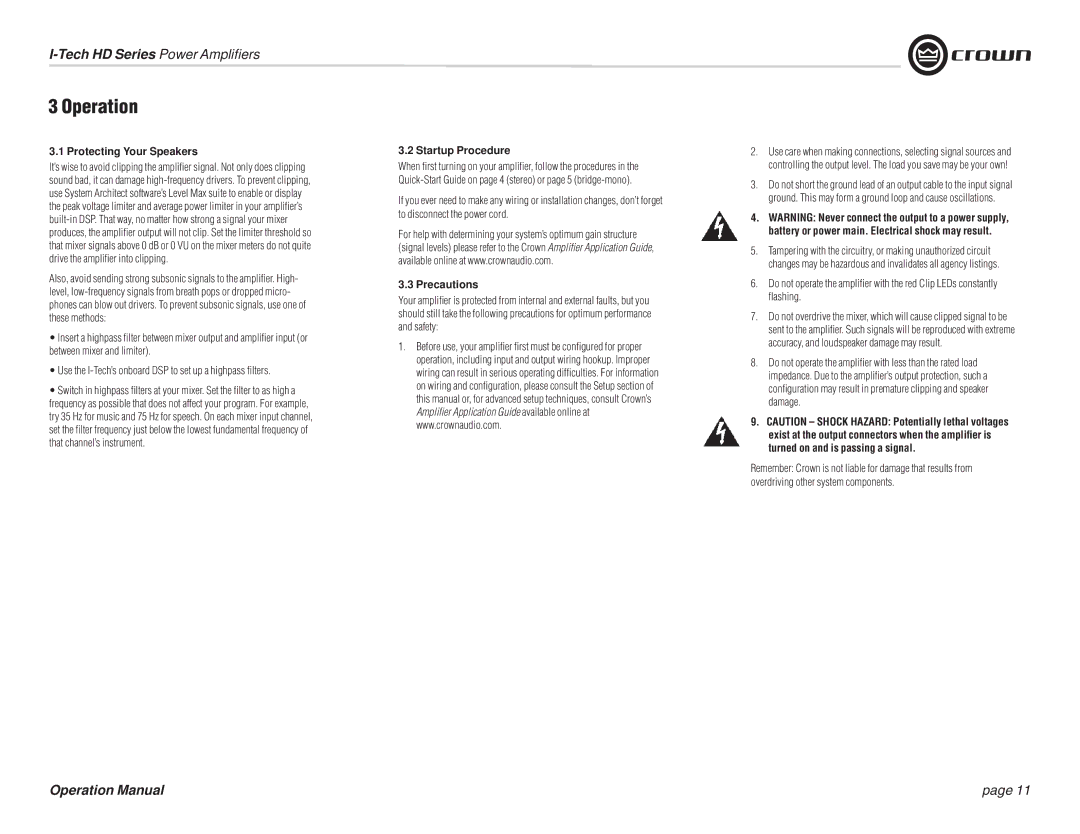Crown Audio I-T9000 HD, I-T5000 HD, IT9000 HD Operation, Protecting Your Speakers, Startup Procedure, Precautions 
