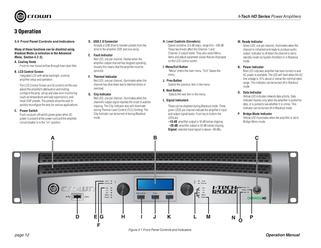 Crown Audio I-T5000 HD Front Panel Controls and Indicators, Cooling Vents, LCD Control Screen, Power Switch, Prev Button 