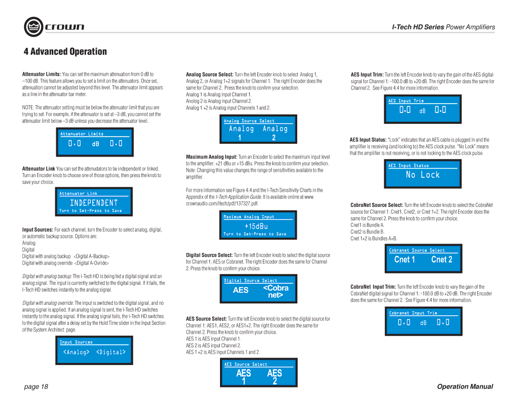 Crown Audio I-T12000 HD, I-T5000 HD, IT9000 HD, I-T9000 HD operation manual Analog Analog, +15dBu 