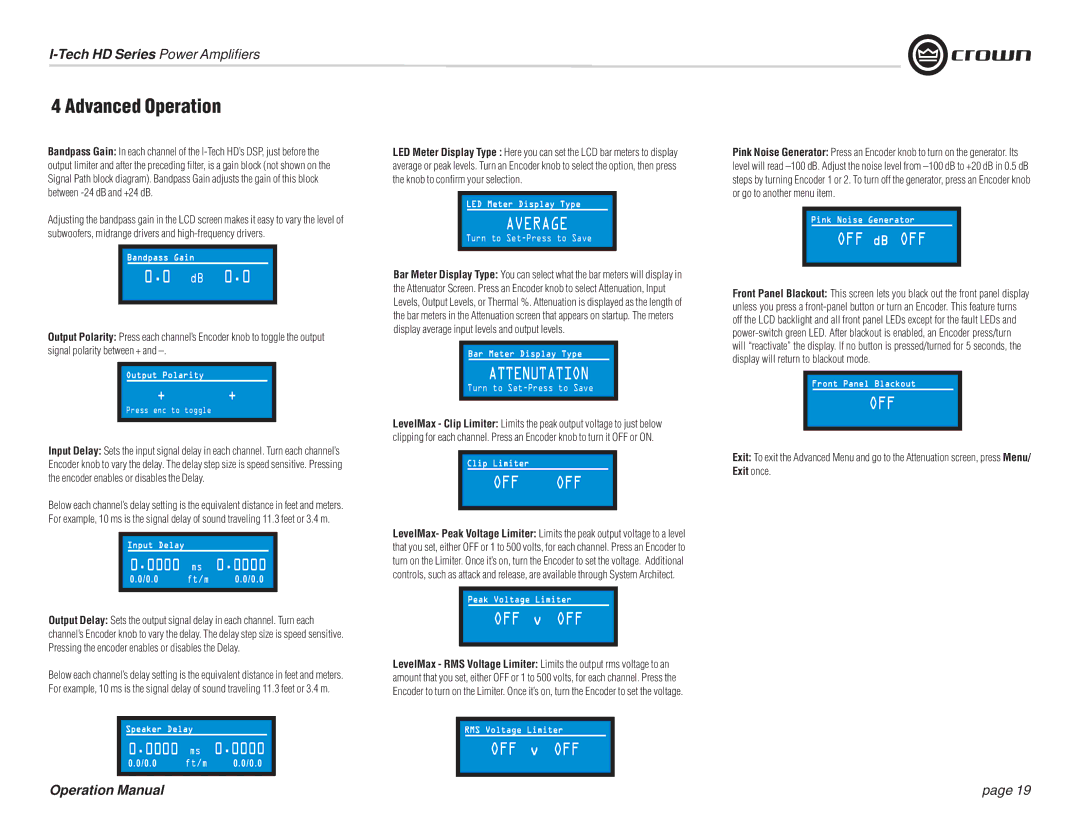 Crown Audio I-T9000 HD, I-T5000 HD, IT9000 HD, I-T12000 HD operation manual + +, OFF v OFF, OFF dB OFF 