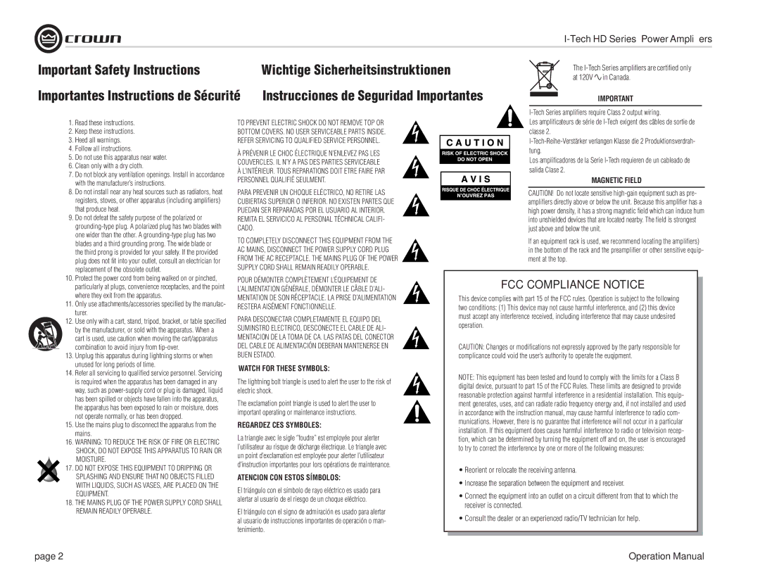 Crown Audio I-T12000 HD, I-T5000 HD, IT9000 HD, I-T9000 HD Important Safety Instructions, Wichtige Sicherheitsinstruktionen 