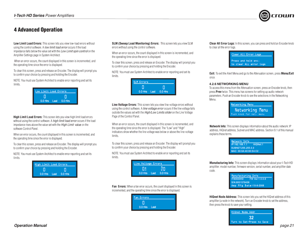 Crown Audio IT9000 HD, I-T5000 HD, I-T12000 HD, I-T9000 HD operation manual Networking Menu 