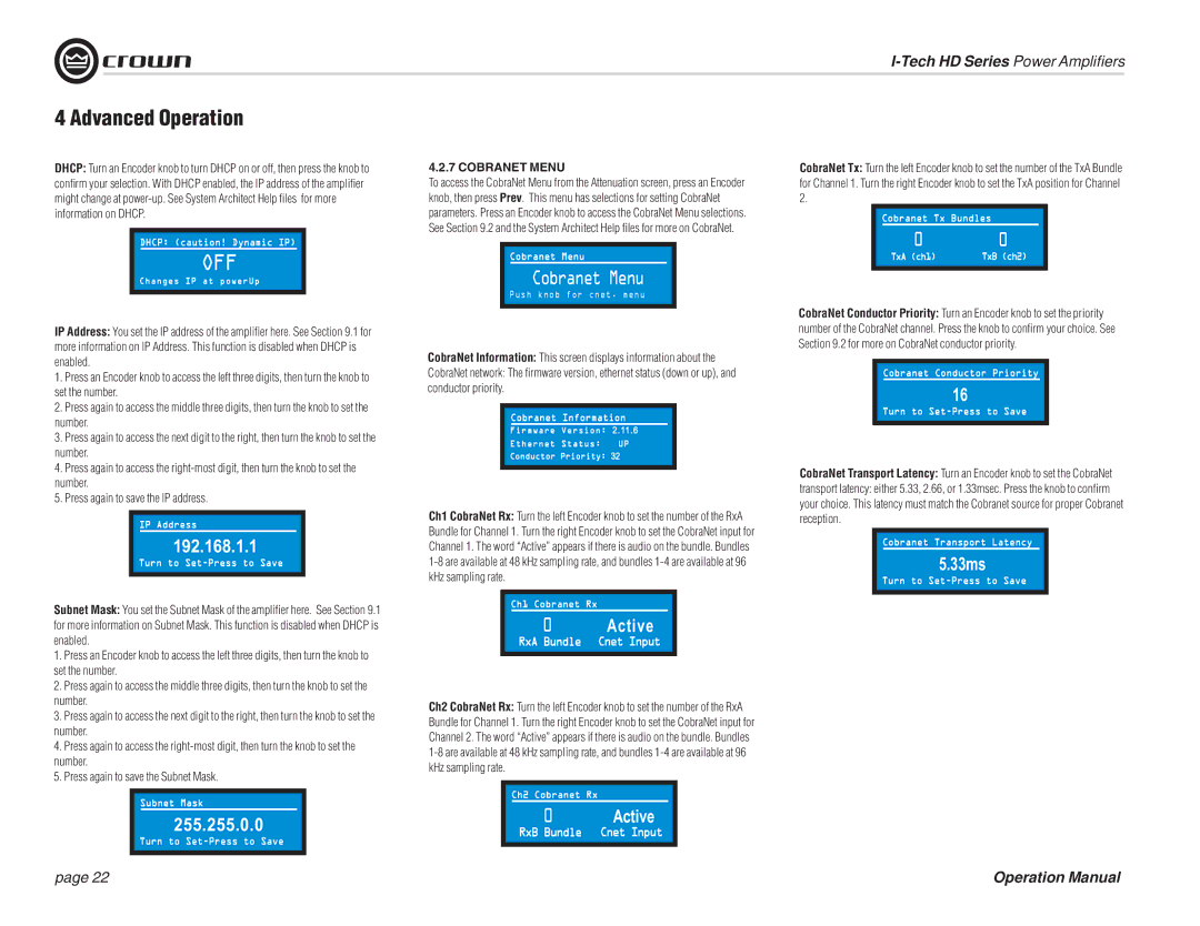 Crown Audio I-T12000 HD, I-T5000 HD, IT9000 HD, I-T9000 HD operation manual Cobranet Menu 