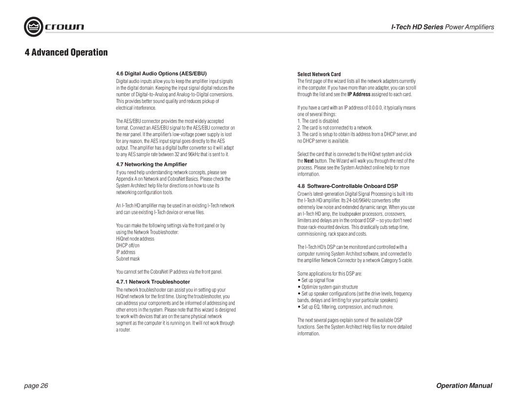 Crown Audio I-T12000 HD, I-T5000 HD Digital Audio Options AES/EBU, Networking the Ampliﬁer, Network Troubleshooter 