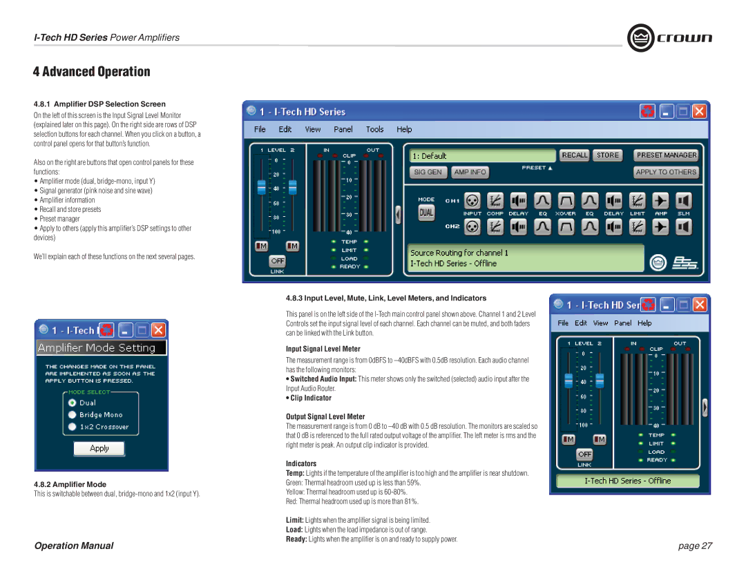 Crown Audio I-T9000 HD Ampliﬁer DSP Selection Screen, Ampliﬁer Mode, Input Level, Mute, Link, Level Meters, and Indicators 