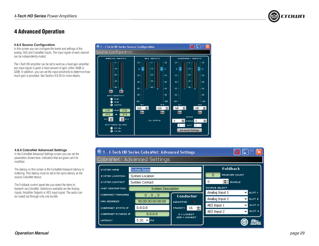 Crown Audio IT9000 HD, I-T5000 HD, I-T12000 HD, I-T9000 HD operation manual Source Conﬁguration, CobraNet Advanced Settings 