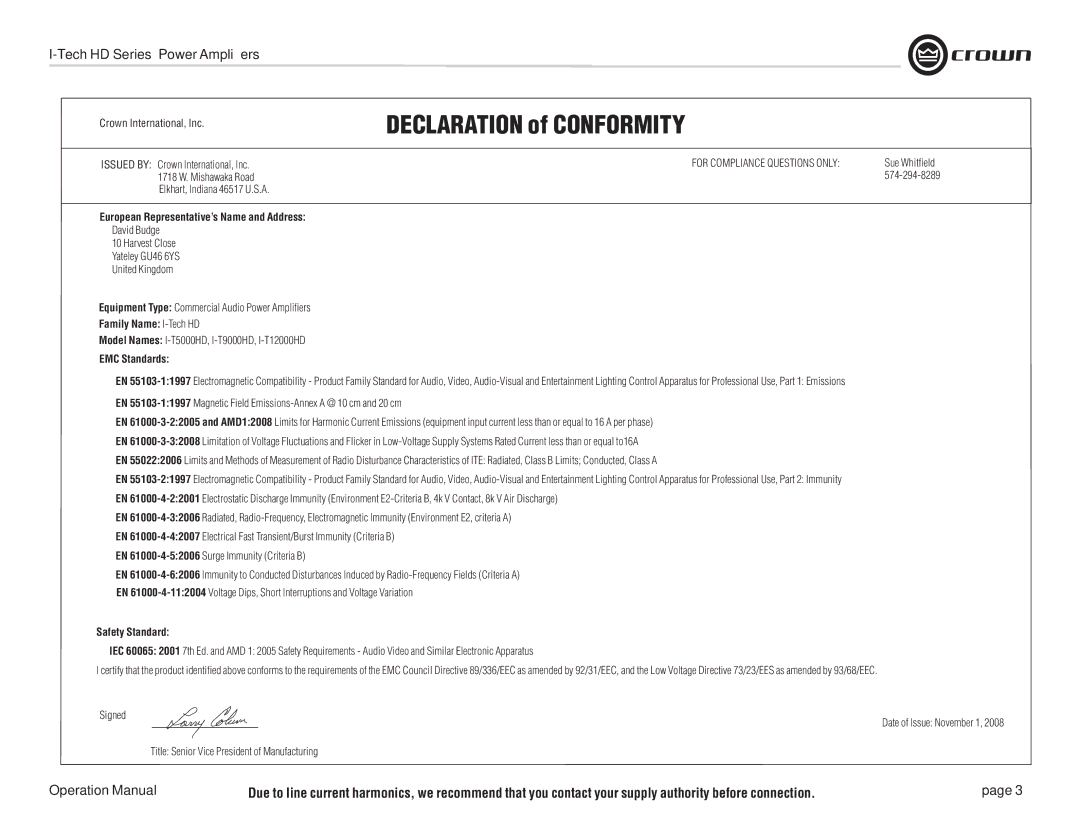 Crown Audio I-T9000 HD European Representative’s Name and Address, Family Name I-Tech HD, EMC Standards, Safety Standard 