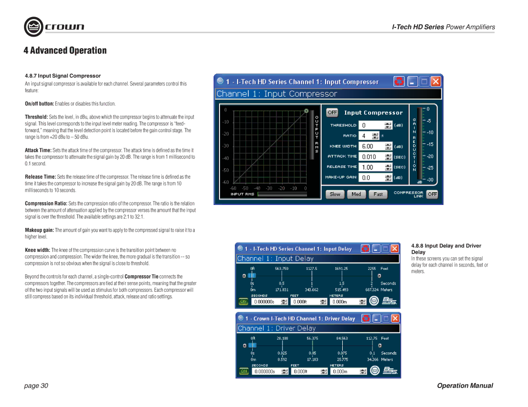 Crown Audio I-T12000 HD, I-T5000 HD, IT9000 HD, I-T9000 HD Input Signal Compressor, Input Delay and Driver Delay 