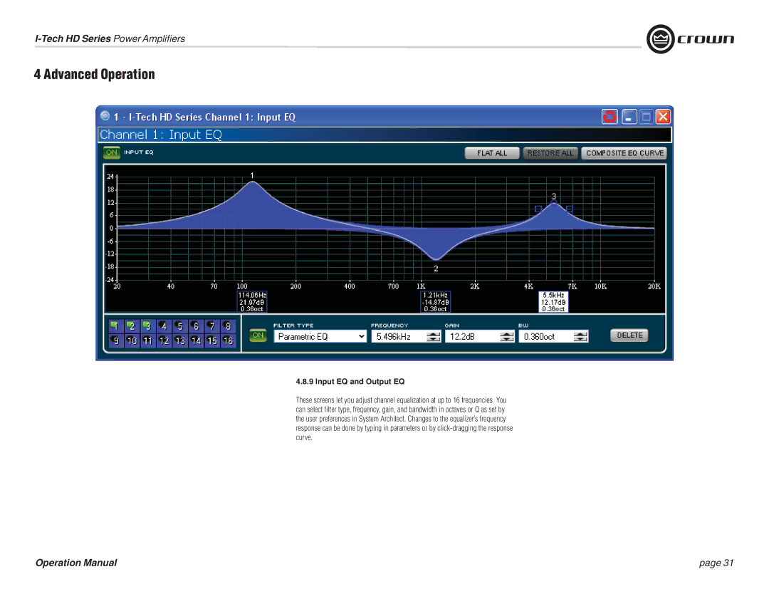 Crown Audio I-T9000 HD, I-T5000 HD, IT9000 HD, I-T12000 HD operation manual Input EQ and Output EQ 