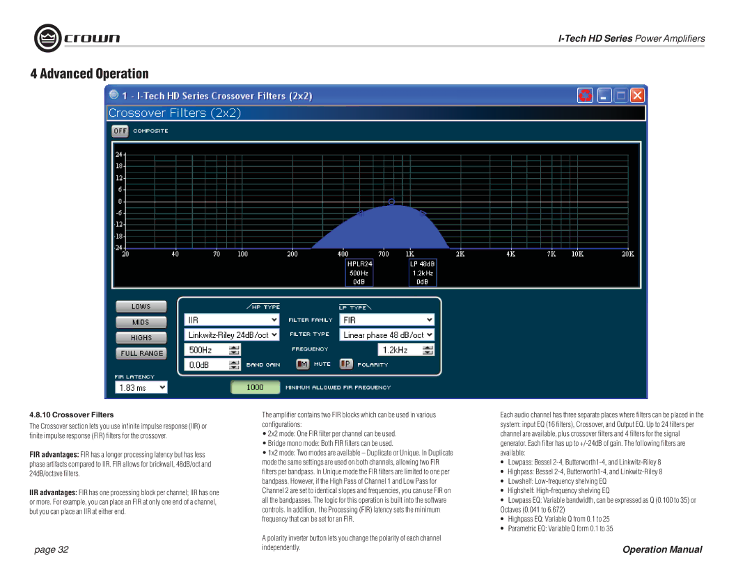 Crown Audio I-T5000 HD, IT9000 HD, I-T12000 HD, I-T9000 HD operation manual Crossover Filters 