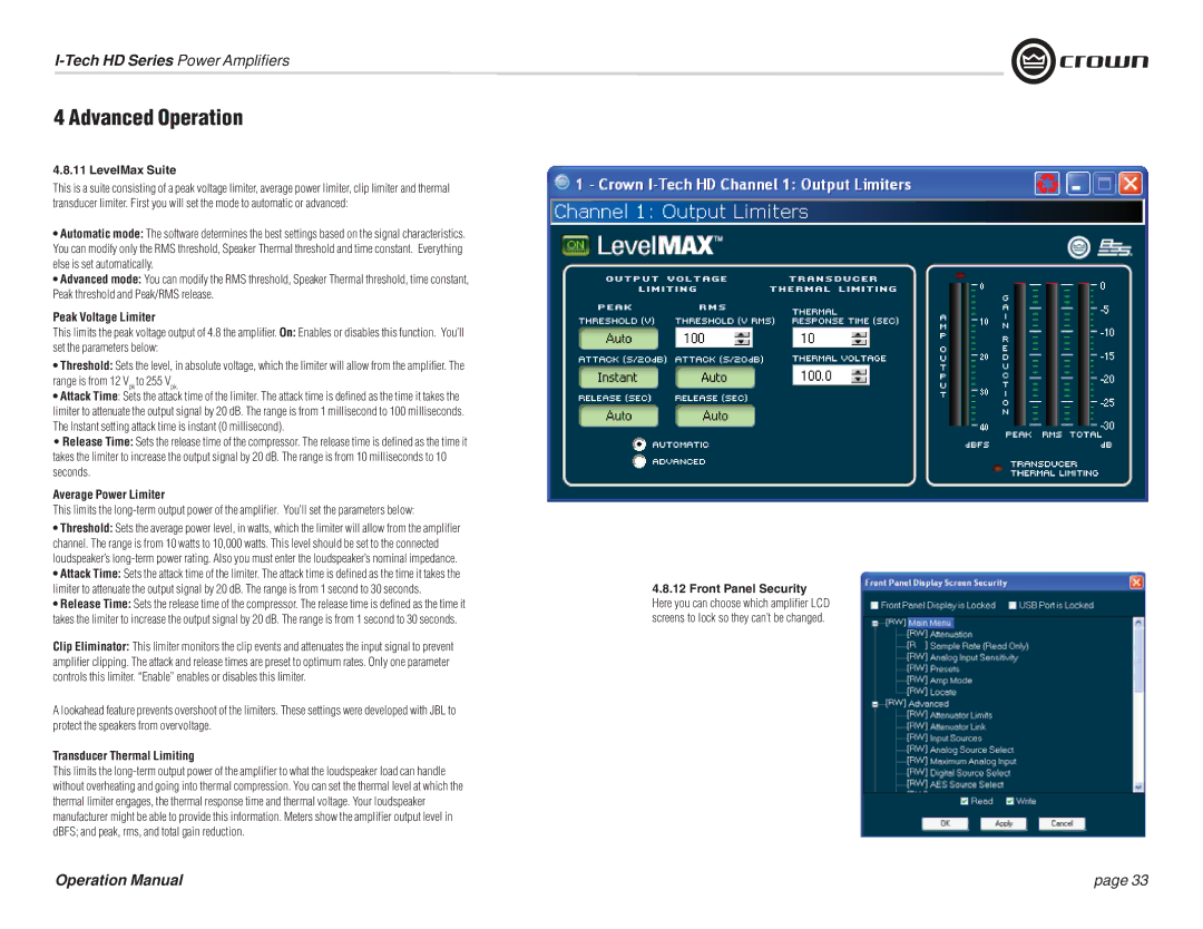 Crown Audio IT9000 HD, I-T5000 HD LevelMax Suite, Peak Voltage Limiter, Average Power Limiter, Transducer Thermal Limiting 