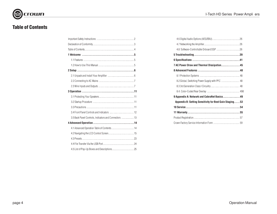 Crown Audio I-T5000 HD, IT9000 HD, I-T12000 HD, I-T9000 HD operation manual Table of Contents 