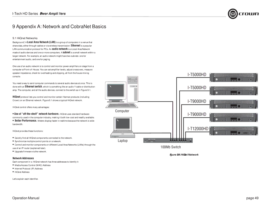 Crown Audio IT9000 HD, I-T5000 HD, I-T12000 HD HiQnet Networks, HiQnet control offers many advantages, Network Addresses 