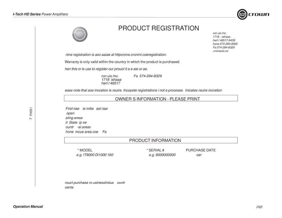 Crown Audio IT9000 HD, I-T5000 HD, I-T12000 HD, I-T9000 HD operation manual Crown Audio, Inc, Fax, Mishawaka Rd, Purchase Date 