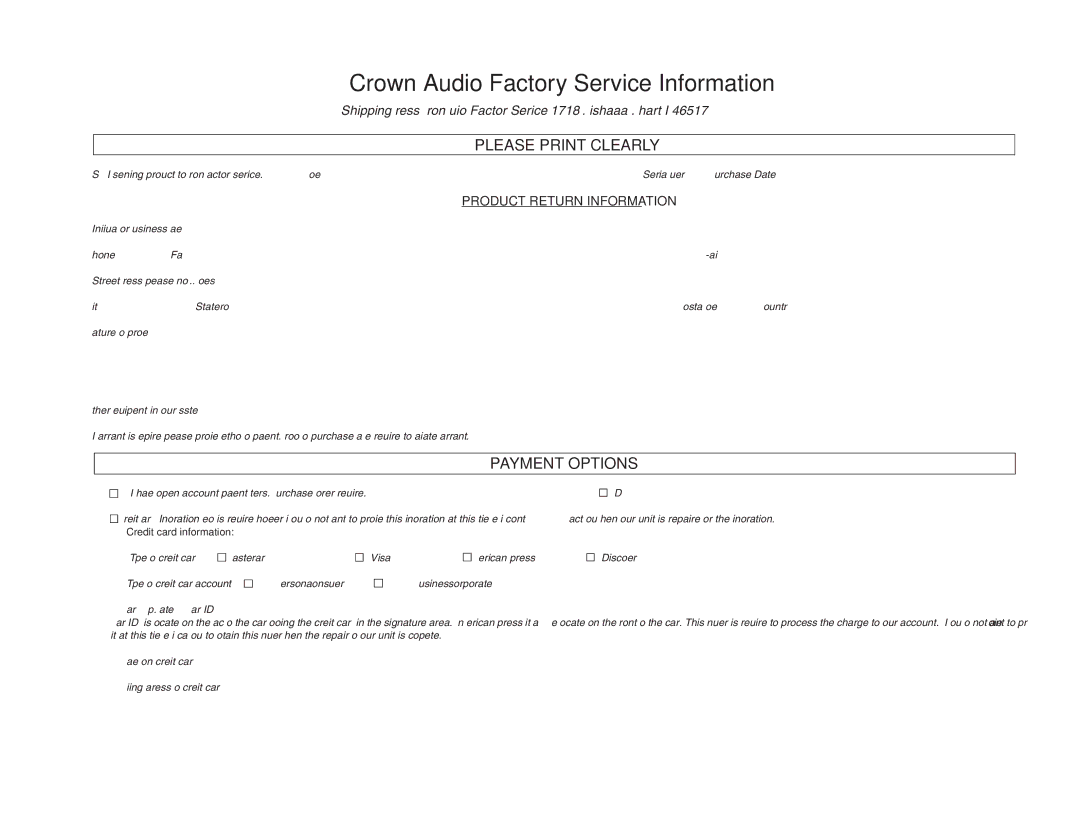 Crown Audio I-T9000 HD, I-T5000 HD, IT9000 HD, I-T12000 HD operation manual Crown Audio Factory Service Information 