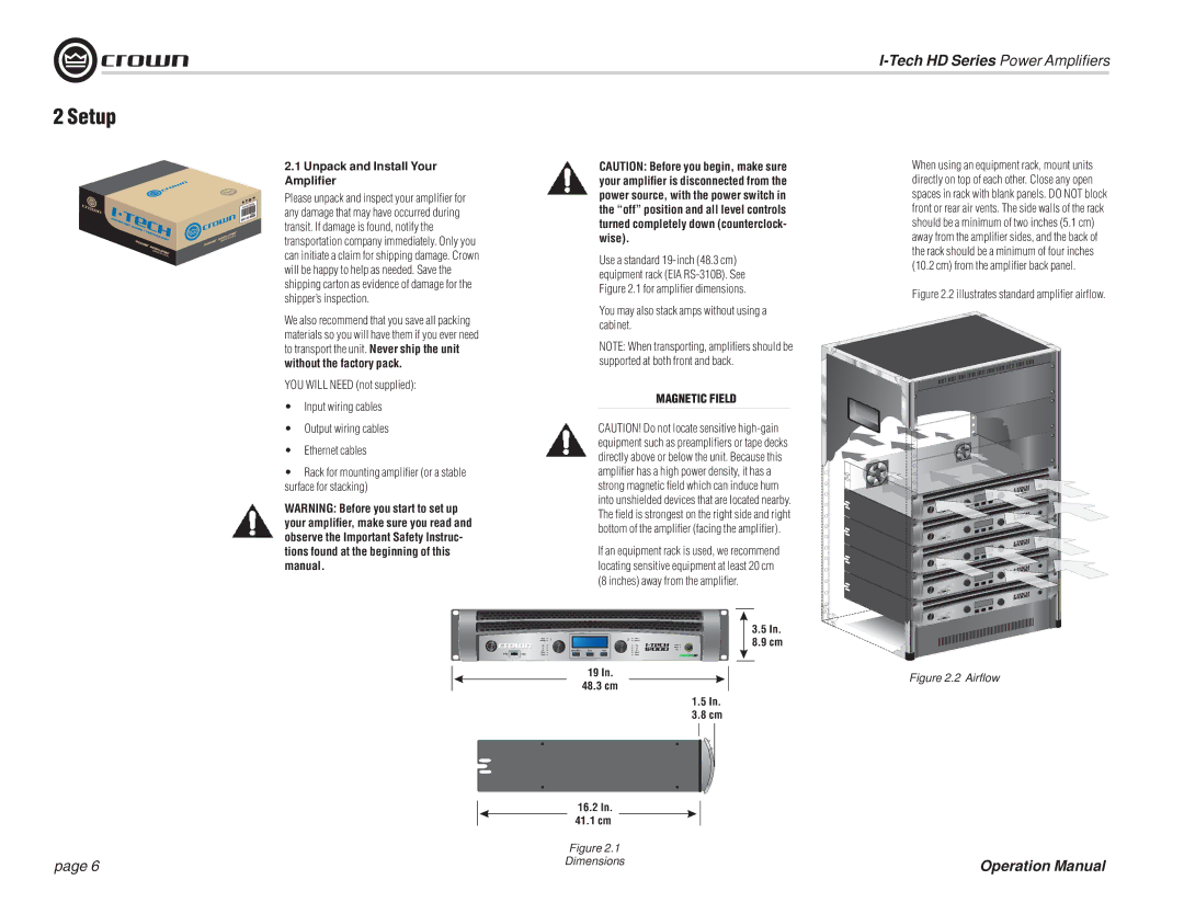 Crown Audio I-T12000 HD Setup, Unpack and Install Your Ampliﬁer, You may also stack amps without using a cabinet 