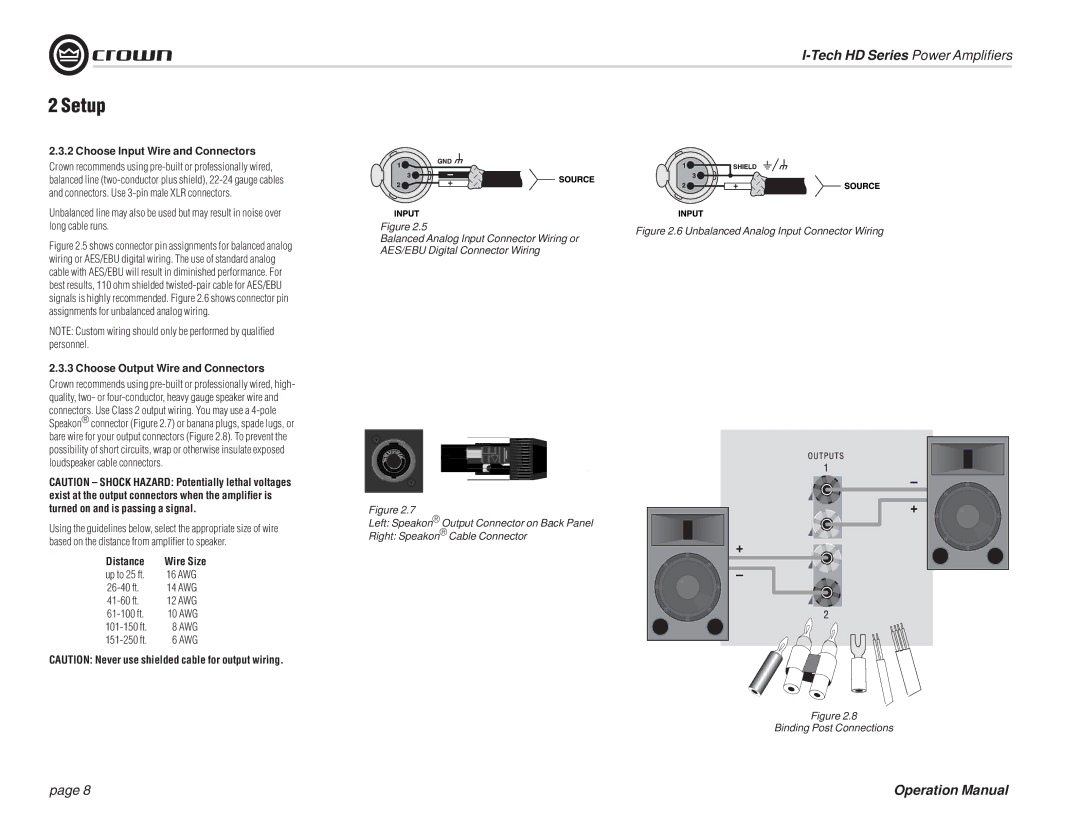 Crown Audio I-T5000 HD, IT9000 HD, I-T9000 HD Choose Input Wire and Connectors, Choose Output Wire and Connectors, Distance 